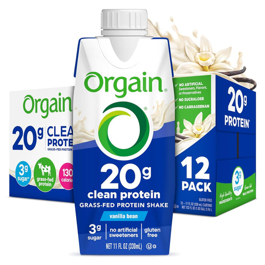 Orgain Grass Fed Clean Protein Shake, Vanilla Bean - 20G of Protein, Meal Replacement, Ready to Drink, Gluten Free, Soy Free, Kosher, 11 Oz, 12 Count (Packaging May Vary)